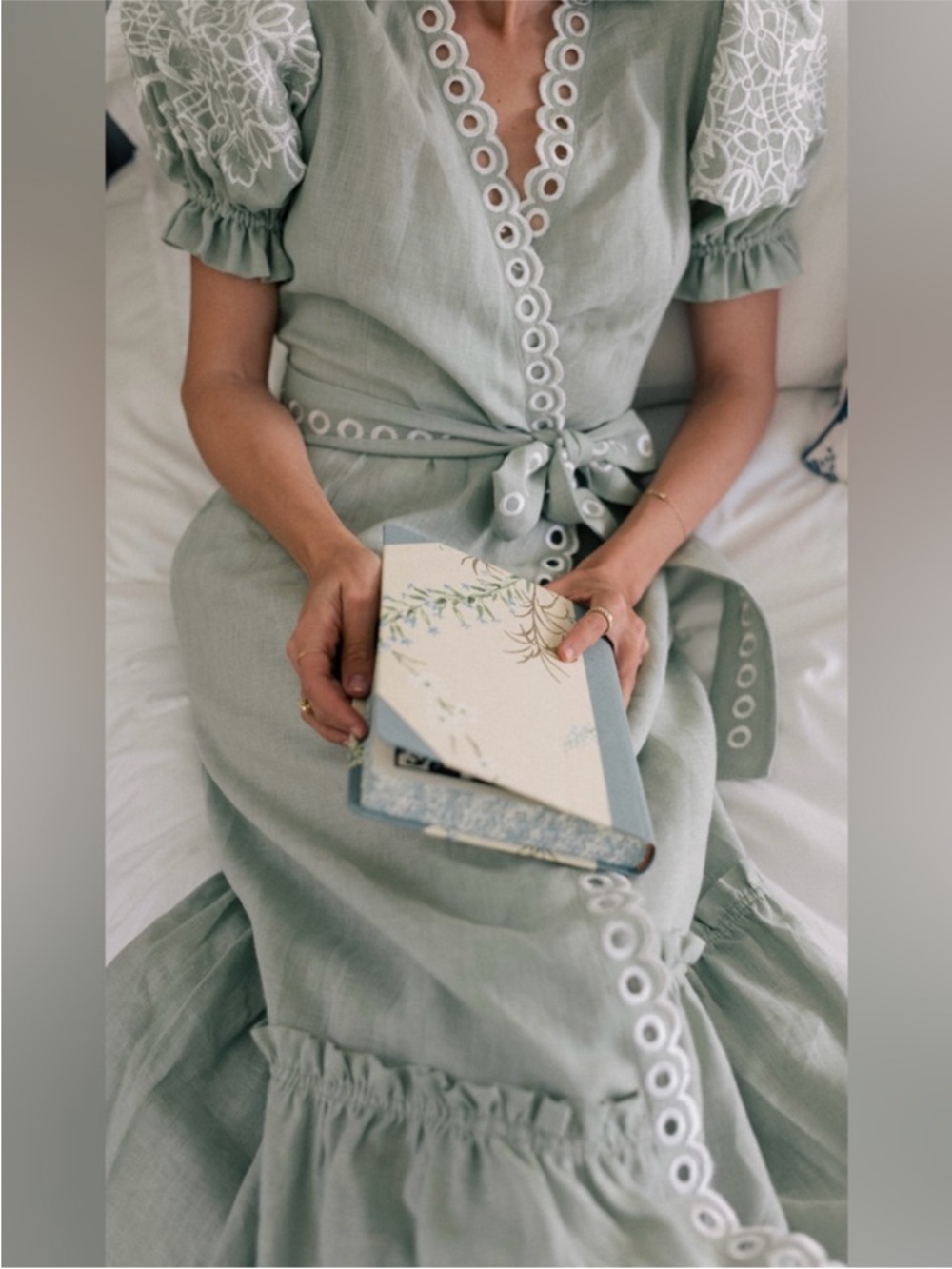 Fanm Mon: Mint Green Eyelet Trim Wrap Dress